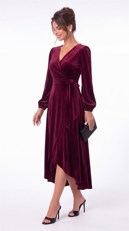 Long Sleeve Velvet Wrap High-Low Dress - Detail View 2