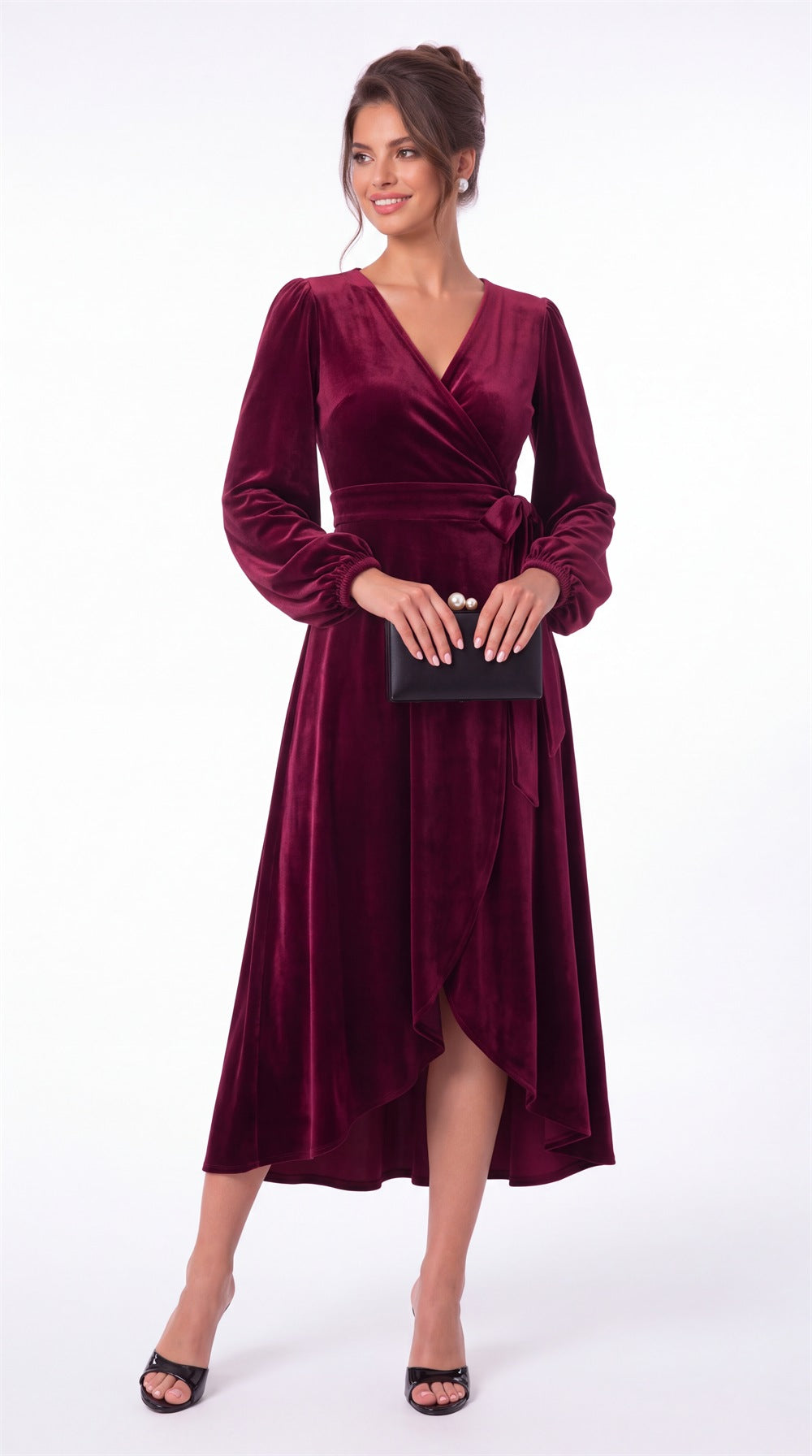 Long Sleeve Velvet Wrap High-Low Dress - Detail View 3