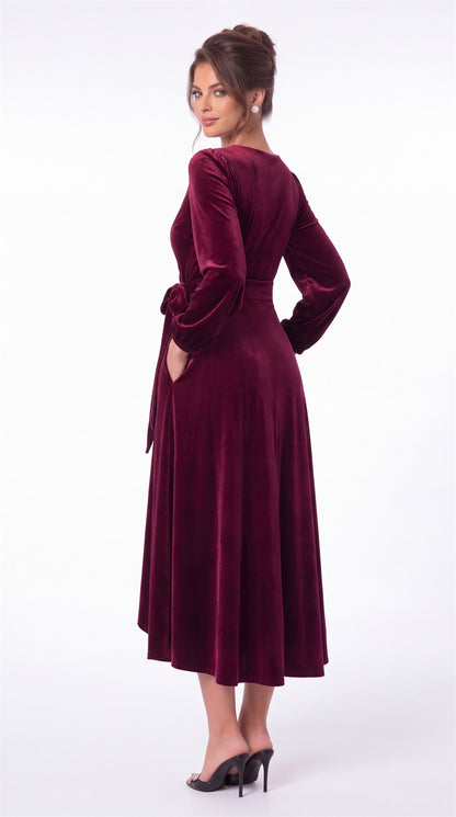 Long Sleeve Velvet Wrap High-Low Dress - Detail View 4