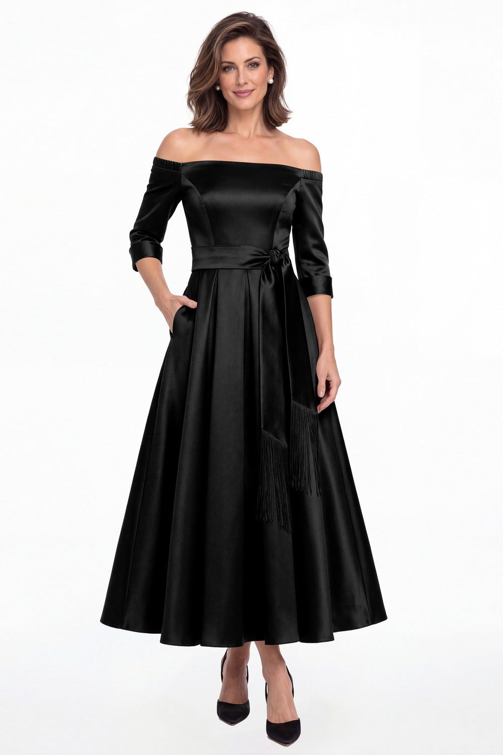 Black Off-the-Shoulder Fringe Satin Ankle-Length Dress - Front View