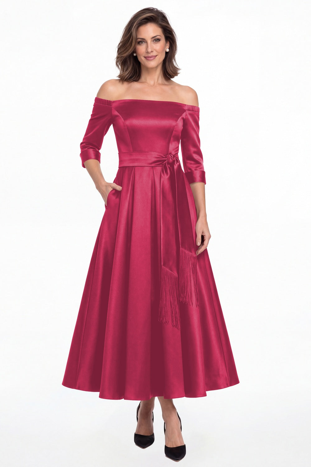 Fuchsia Off-the-Shoulder Fringe Satin Ankle-Length Dress - Front View