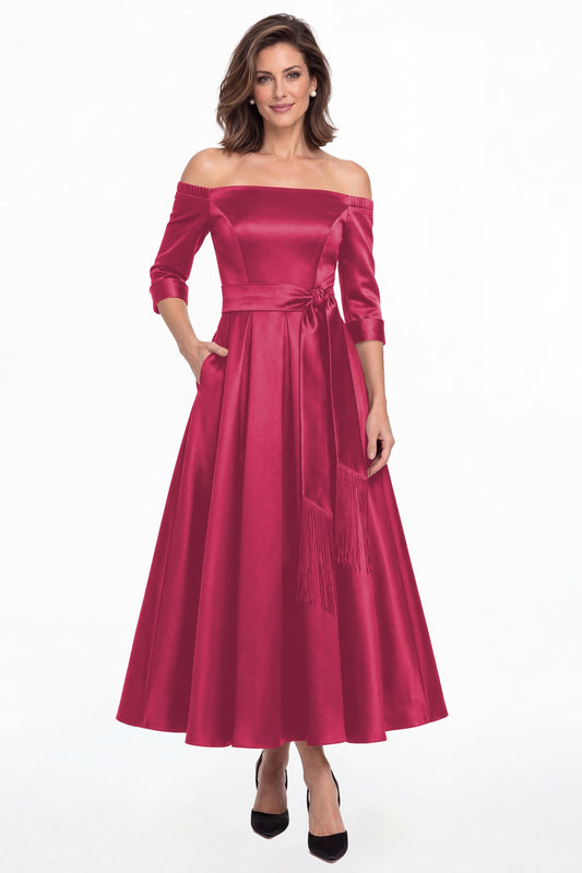 Fuchsia Off-the-Shoulder Fringe Satin Ankle-Length Dress - Front View