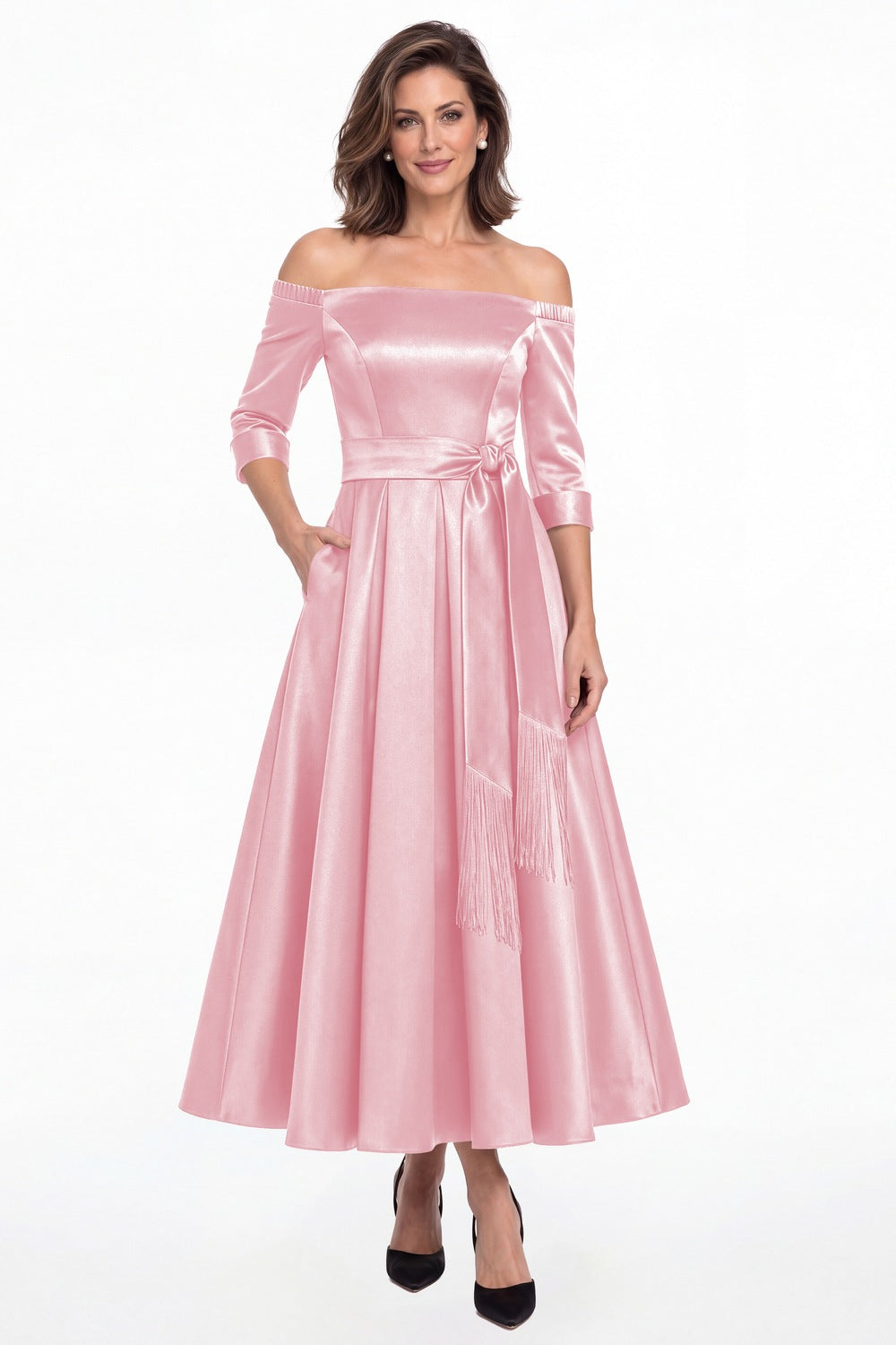 Light Pink Off-the-Shoulder Fringe Satin Ankle-Length Dress - Front View