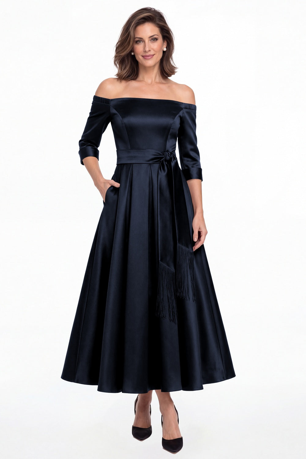 Navy Blue Off-the-Shoulder Fringe Satin Ankle-Length Dress - Front View
