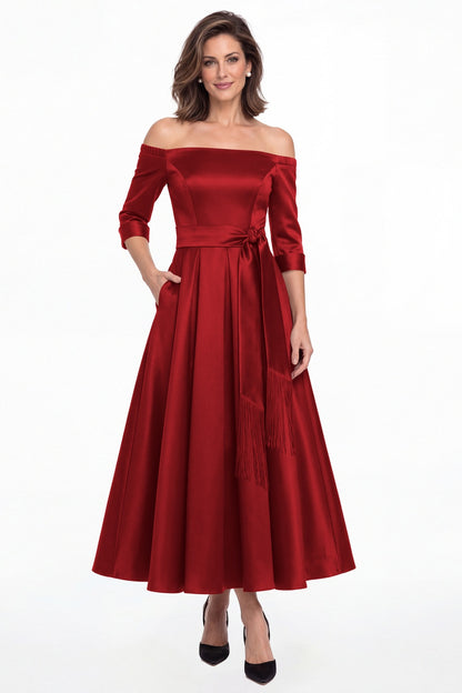 Red Off-the-Shoulder Fringe Satin Ankle-Length Dress - Front View