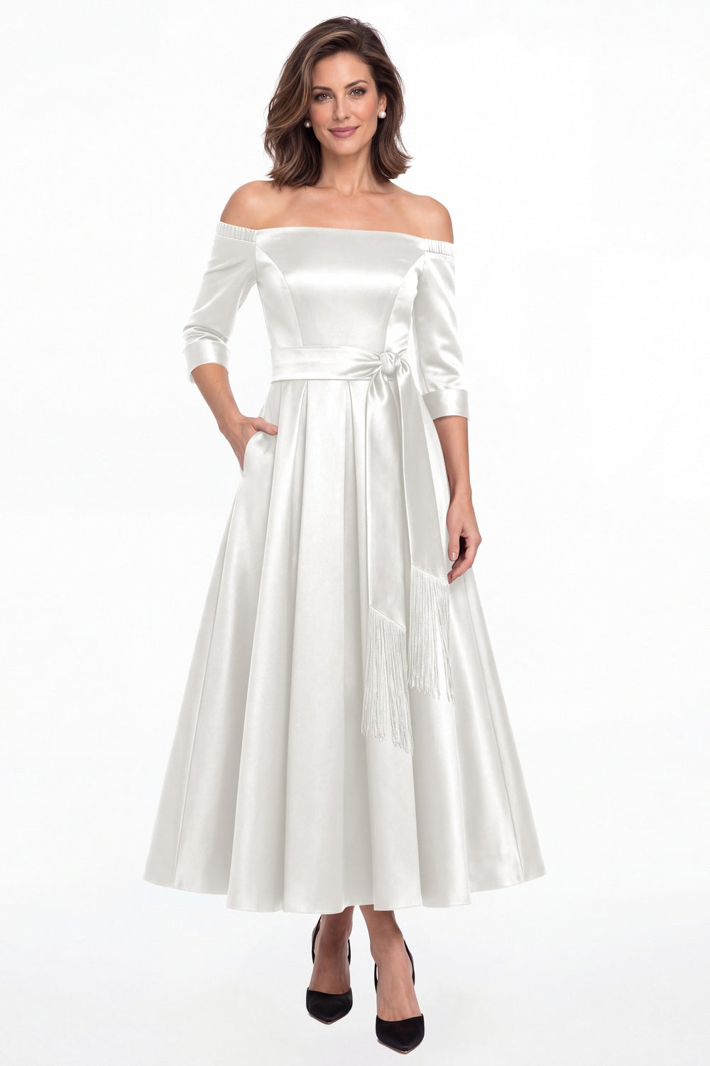 White Off-the-Shoulder Fringe Satin Ankle-Length Dress - Front View
