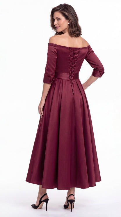 Off-the-Shoulder Fringe Satin Ankle-Length Dress - Detail View 1