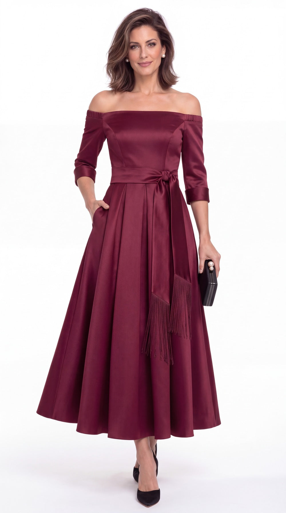 Off-the-Shoulder Fringe Satin Ankle-Length Dress - Detail View 2