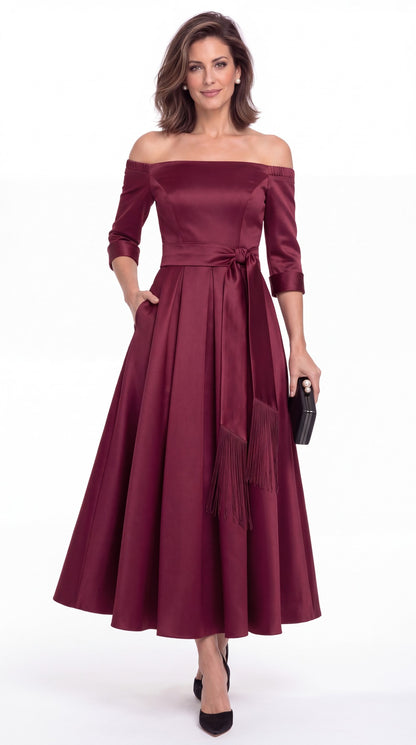 Off-the-Shoulder Fringe Satin Ankle-Length Dress - Detail View 2