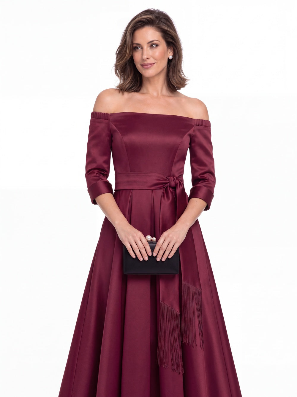 Off-the-Shoulder Fringe Satin Ankle-Length Dress - Detail View 3