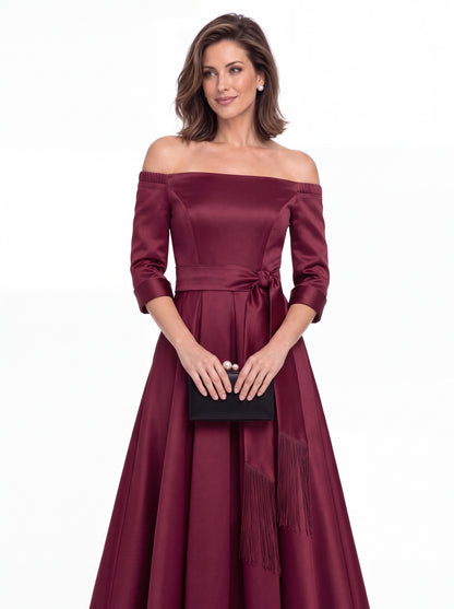 Off-the-Shoulder Fringe Satin Ankle-Length Dress - Detail View 3