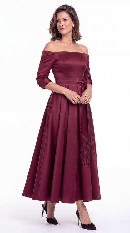 Off-the-Shoulder Fringe Satin Ankle-Length Dress - Detail View 4