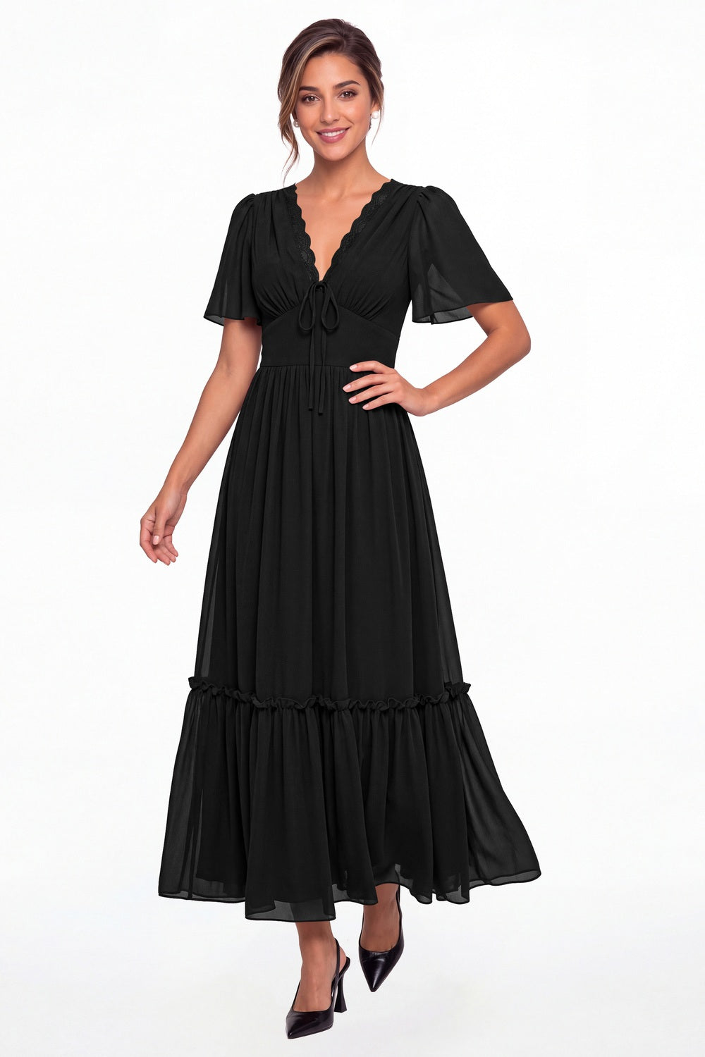 Black V-Neck Flutter Sleeve Chiffon Lace Maxi Gown - Front View