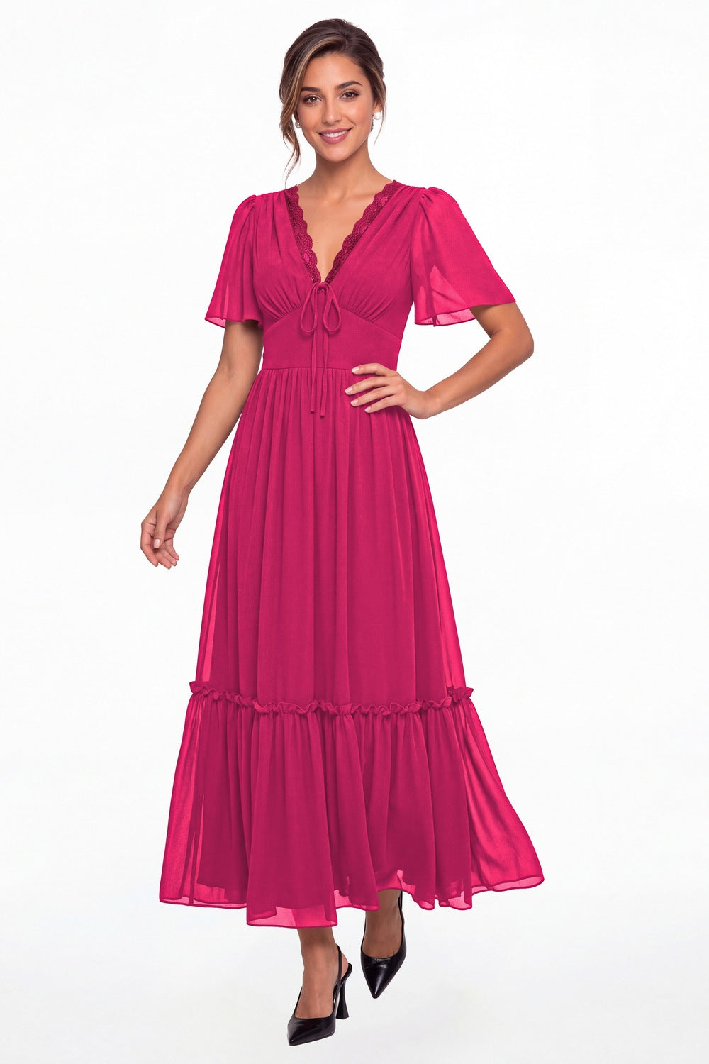 Fuchsia V-Neck Flutter Sleeve Chiffon Lace Maxi Gown - Front View