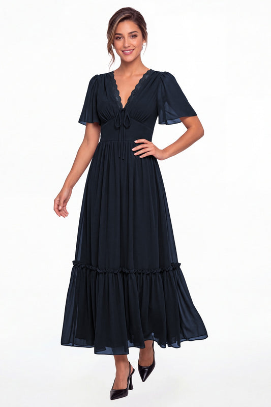 Navy Blue V-Neck Flutter Sleeve Chiffon Lace Maxi Gown - Front View