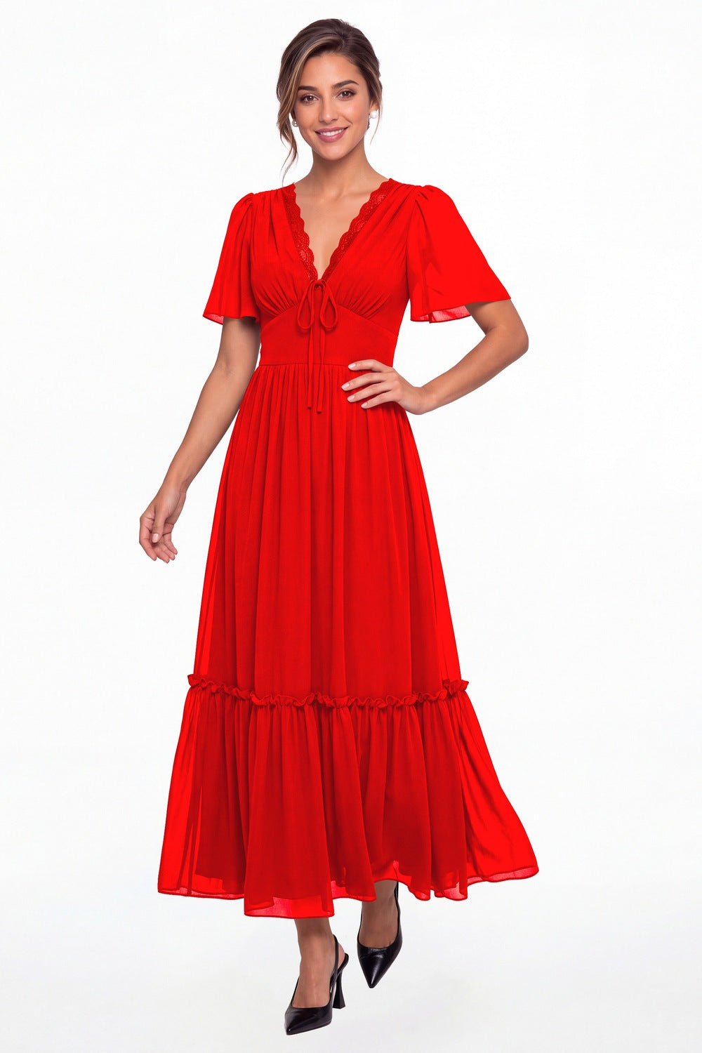 Red V-Neck Flutter Sleeve Chiffon Lace Maxi Gown - Front View