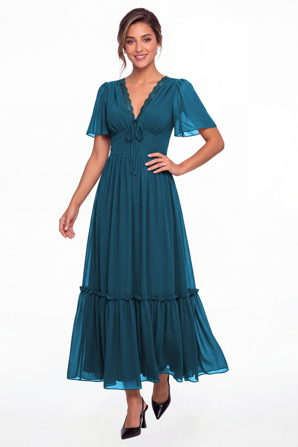 Teal V-Neck Flutter Sleeve Chiffon Lace Maxi Gown - Front View