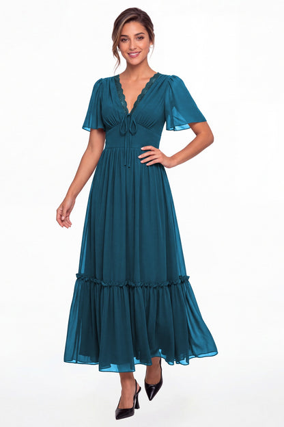Teal V-Neck Flutter Sleeve Chiffon Lace Maxi Gown - Front View