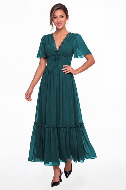 Teal V-Neck Flutter Sleeve Chiffon Lace Maxi Gown - Front View