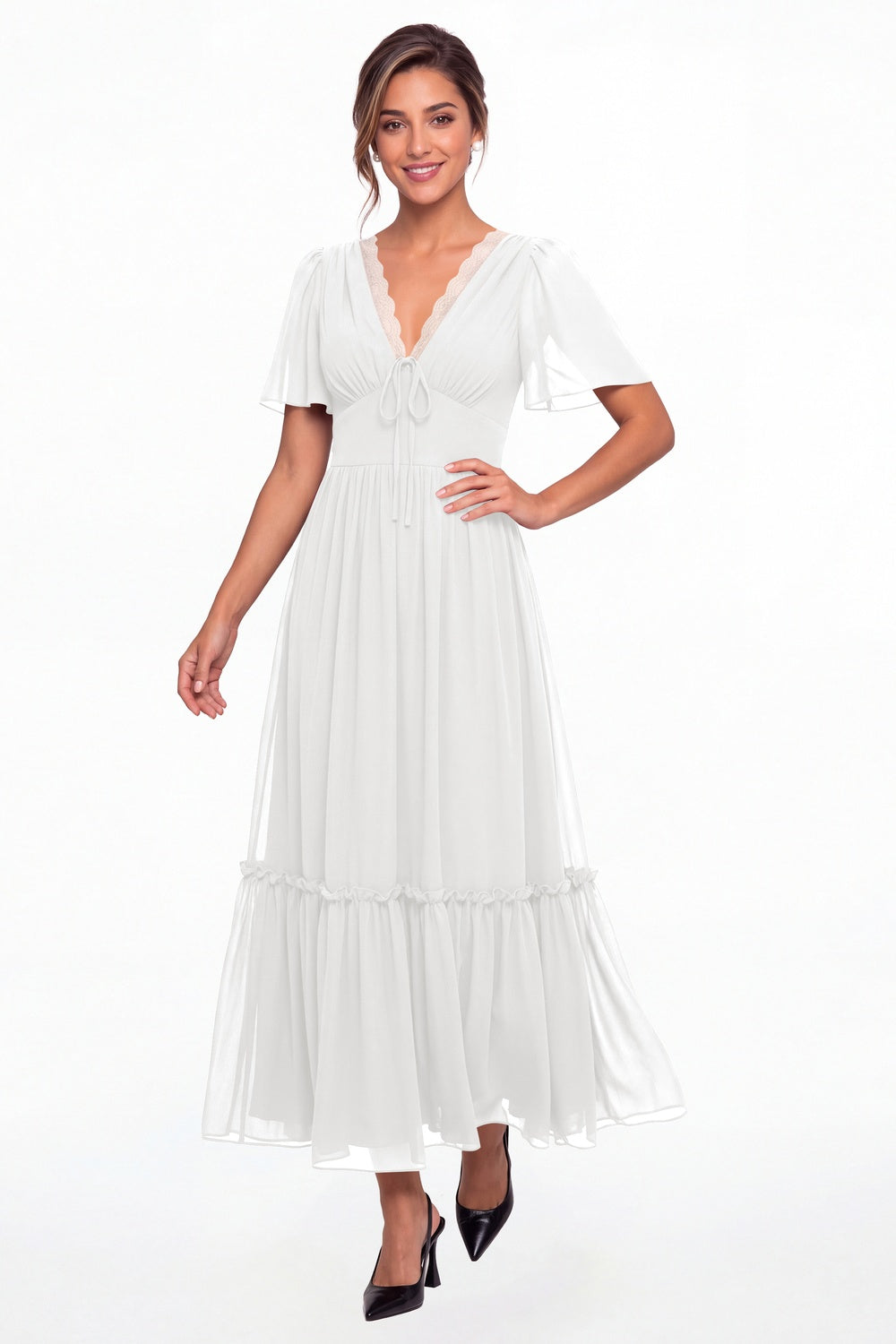 White V-Neck Flutter Sleeve Chiffon Lace Maxi Gown - Front View