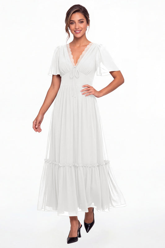 White V-Neck Flutter Sleeve Chiffon Lace Maxi Gown - Front View
