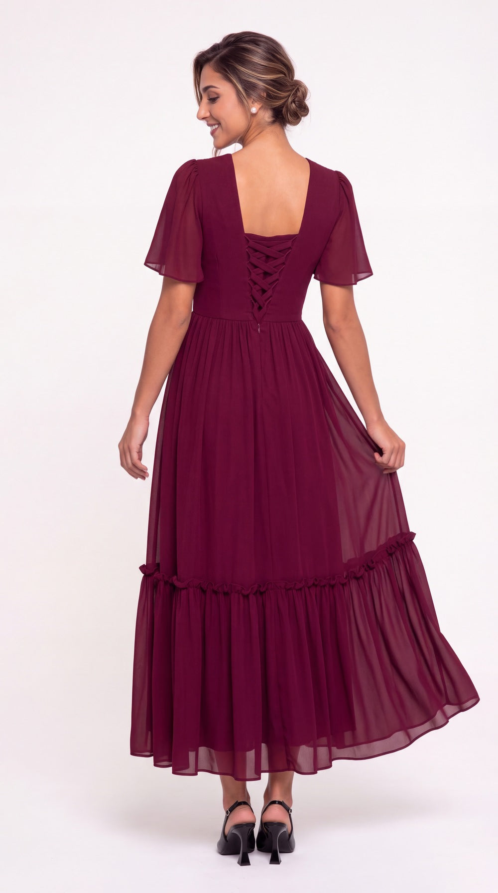 V-Neck Flutter Sleeve Chiffon Lace Maxi Gown - Back View