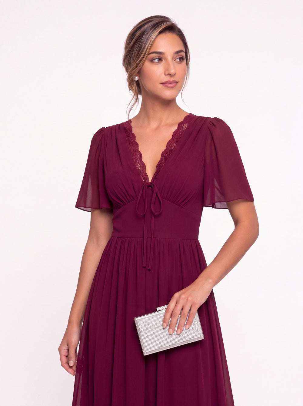 V-Neck Flutter Sleeve Chiffon Lace Maxi Gown - Detail View 1