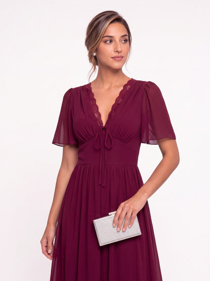 V-Neck Flutter Sleeve Chiffon Lace Maxi Gown - Detail View 1