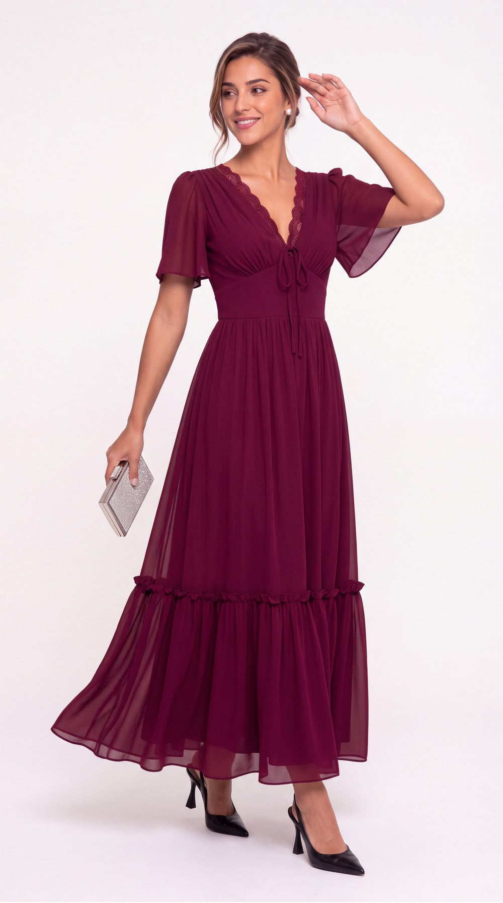 V-Neck Flutter Sleeve Chiffon Lace Maxi Gown - Detail View 2