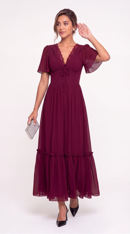 V-Neck Flutter Sleeve Chiffon Lace Maxi Gown - Detail View 3