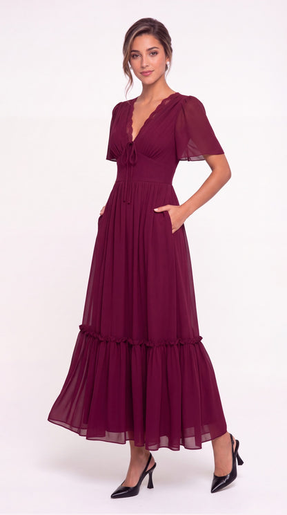 V-Neck Flutter Sleeve Chiffon Lace Maxi Gown - Detail View 4
