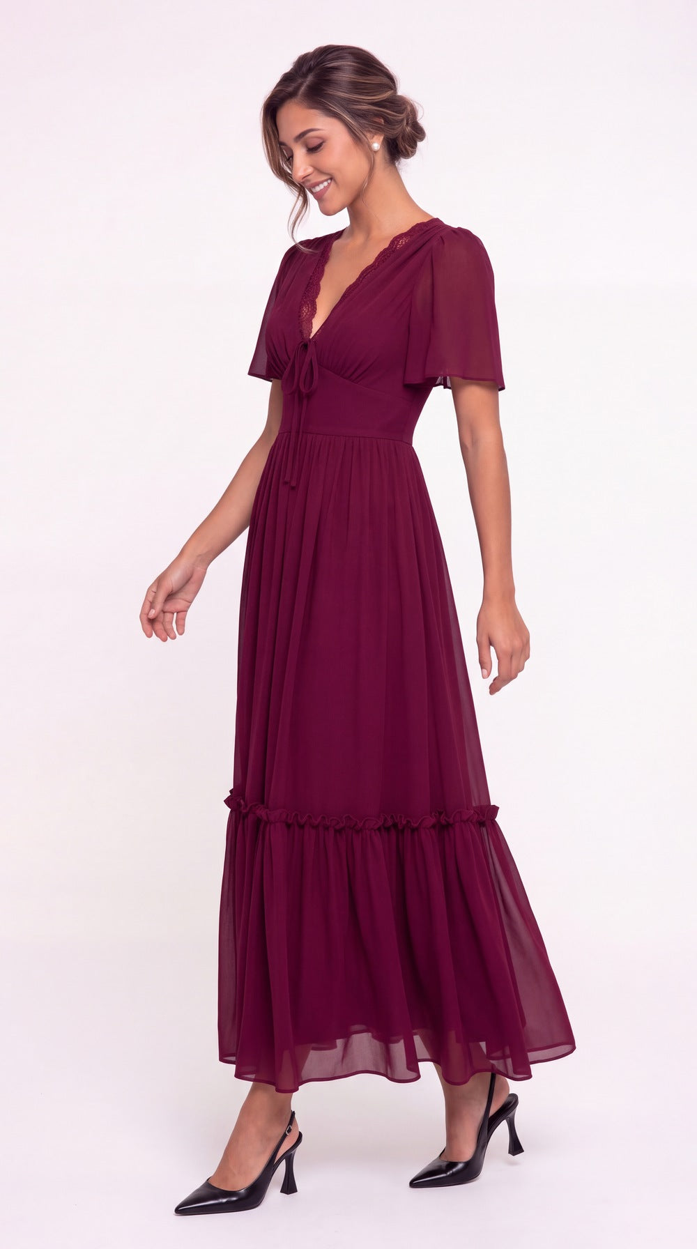 V-Neck Flutter Sleeve Chiffon Lace Maxi Gown - Detail View 5