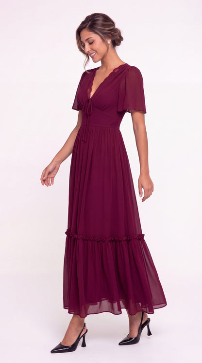 V-Neck Flutter Sleeve Chiffon Lace Maxi Gown - Detail View 5