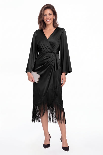 Black V-Neck Fringe Ruched Satin Midi Dress - Front View