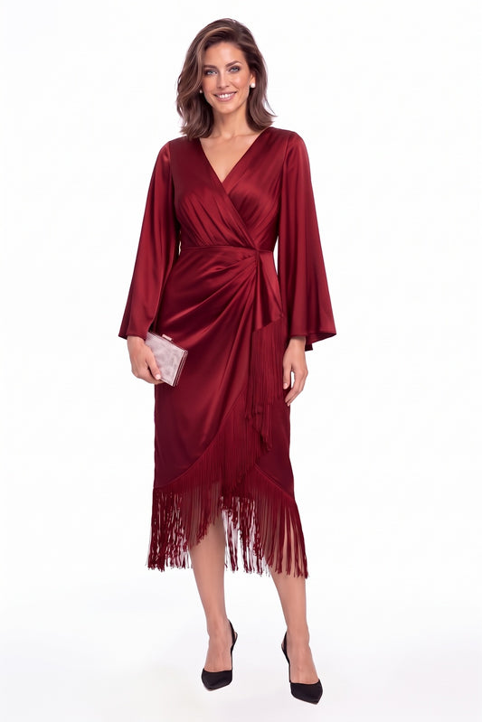 Red V-Neck Fringe Ruched Satin Midi Dress - Front View