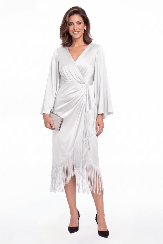 White V-Neck Fringe Ruched Satin Midi Dress - Front View