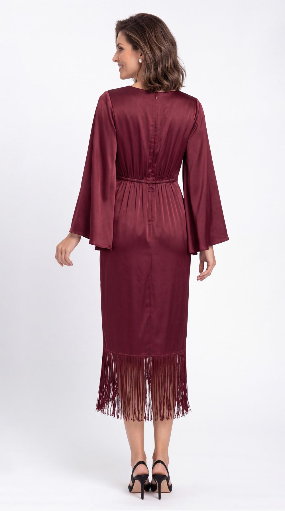 V-Neck Fringe Ruched Satin Midi Dress - Back View