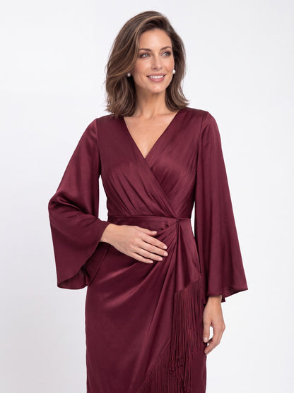 V-Neck Fringe Ruched Satin Midi Dress - Detail View 1