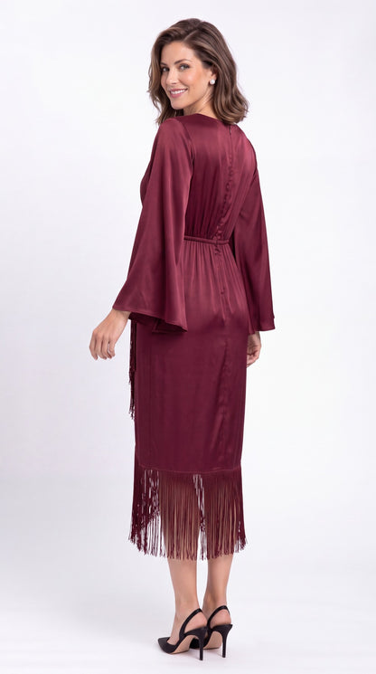 V-Neck Fringe Ruched Satin Midi Dress - Detail View 2