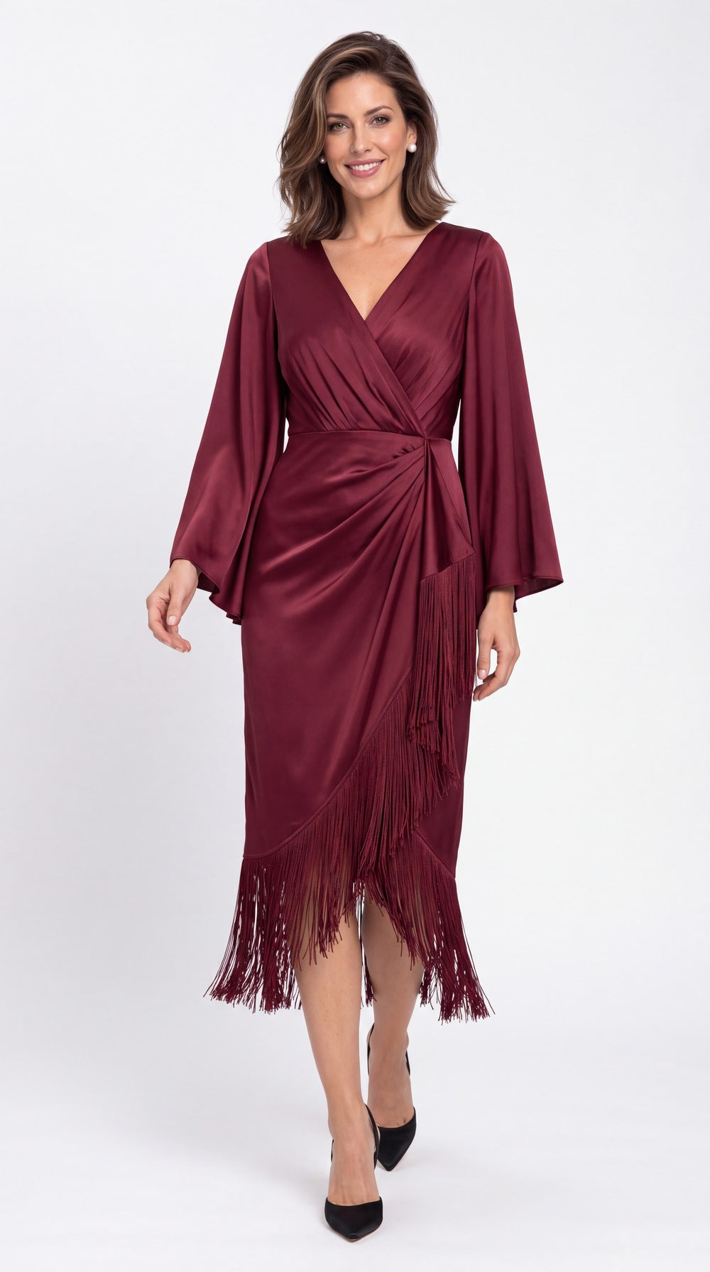 V-Neck Fringe Ruched Satin Midi Dress - Detail View 3