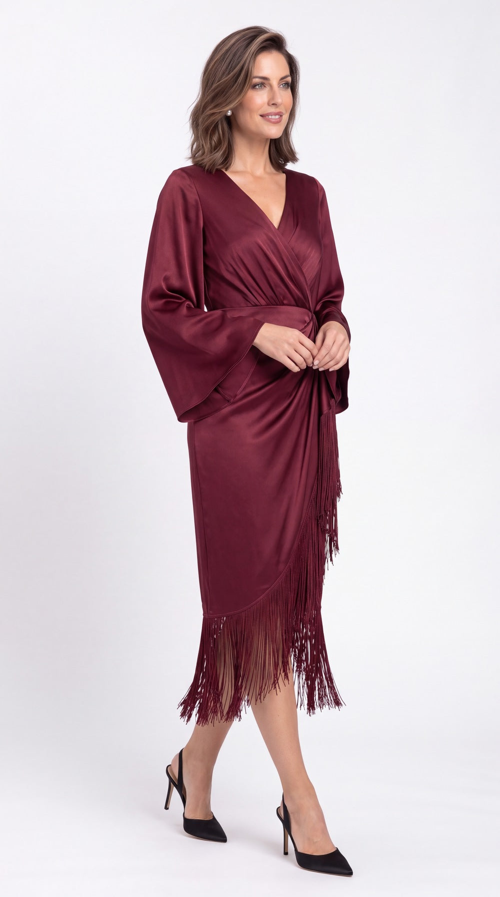 V-Neck Fringe Ruched Satin Midi Dress - Detail View 4