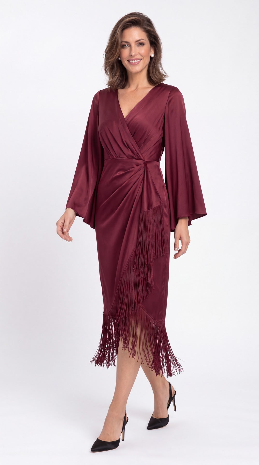 V-Neck Fringe Ruched Satin Midi Dress - Detail View 5