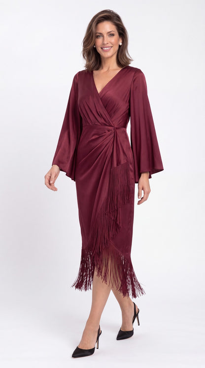V-Neck Fringe Ruched Satin Midi Dress - Detail View 5