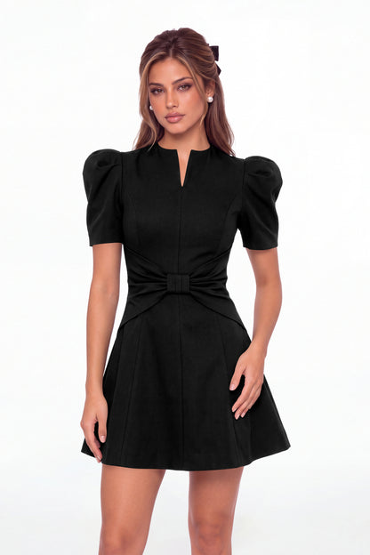 Black Puff Sleeve Bow Ruched Satin Mini Homecoming Dress - Front View