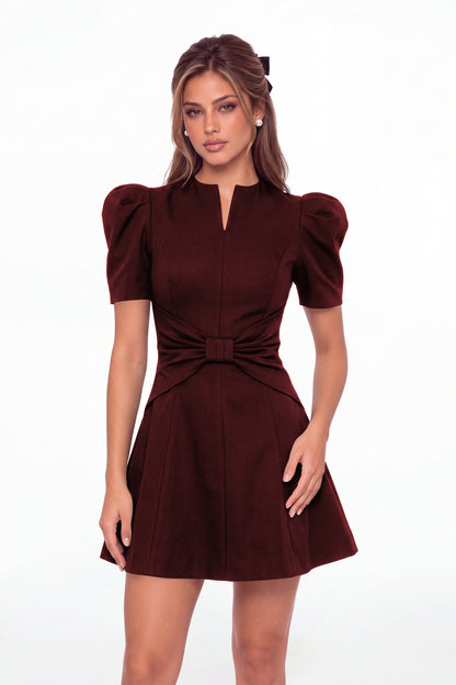 Burgundy Puff Sleeve Bow Ruched Satin Mini Homecoming Dress - Front View