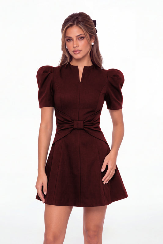 Burgundy Puff Sleeve Bow Ruched Satin Mini Homecoming Dress - Front View