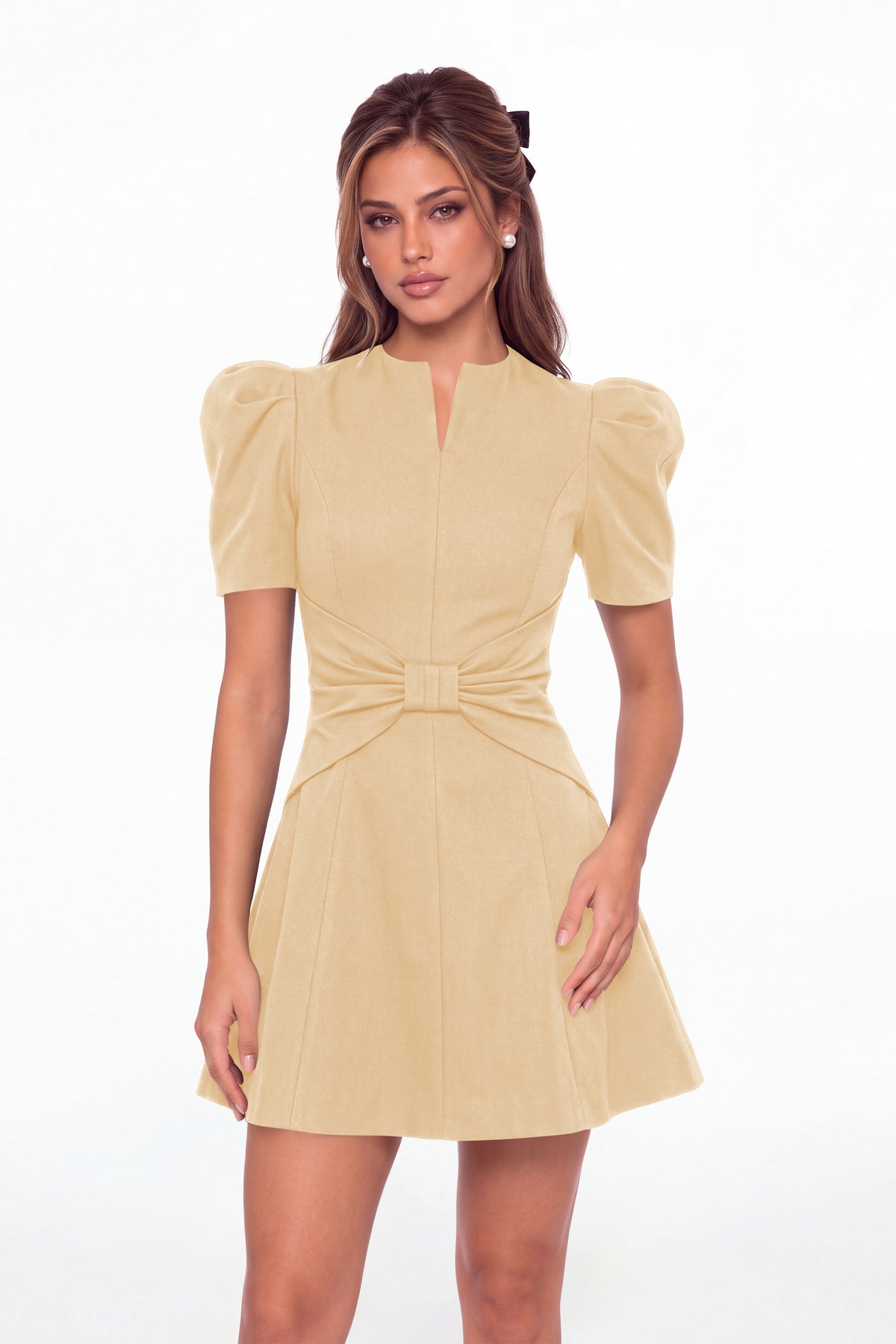 Champagne Puff Sleeve Bow Ruched Satin Mini Homecoming Dress - Front View