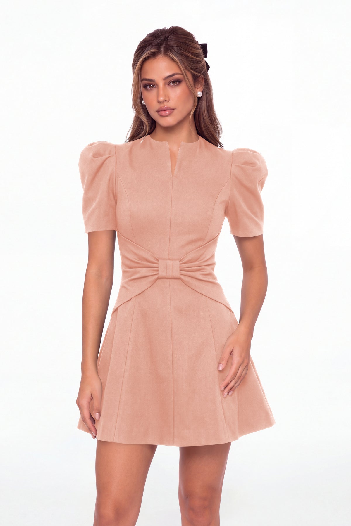 Dusty Rose Puff Sleeve Bow Ruched Satin Mini Homecoming Dress - Front View