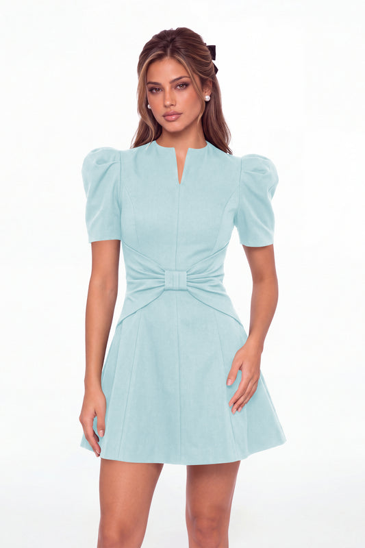 Light Blue Puff Sleeve Bow Ruched Satin Mini Homecoming Dress - Front View