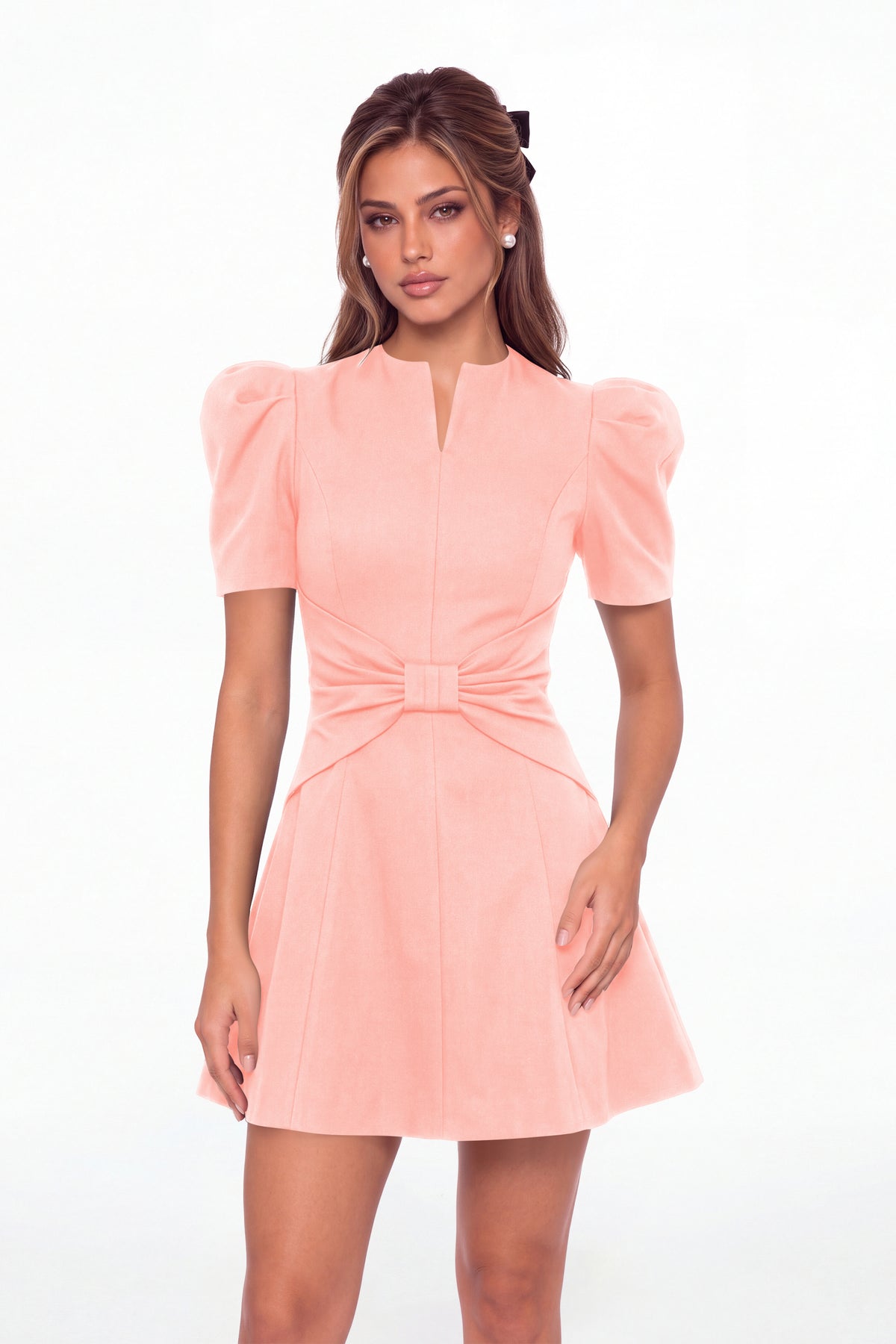 Light Pink Puff Sleeve Bow Ruched Satin Mini Homecoming Dress - Front View